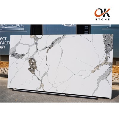 Calacatta Jade Quartz Slab Gwythïen Llwyd Gwyn